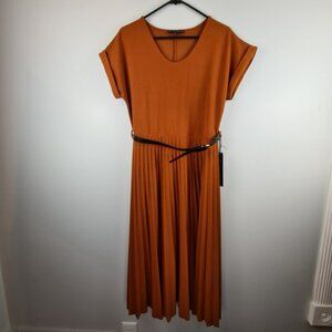 Elizabeth & Nicole Pleated Midi Dress Cuffed Sleeve Belted Large Rust Orange